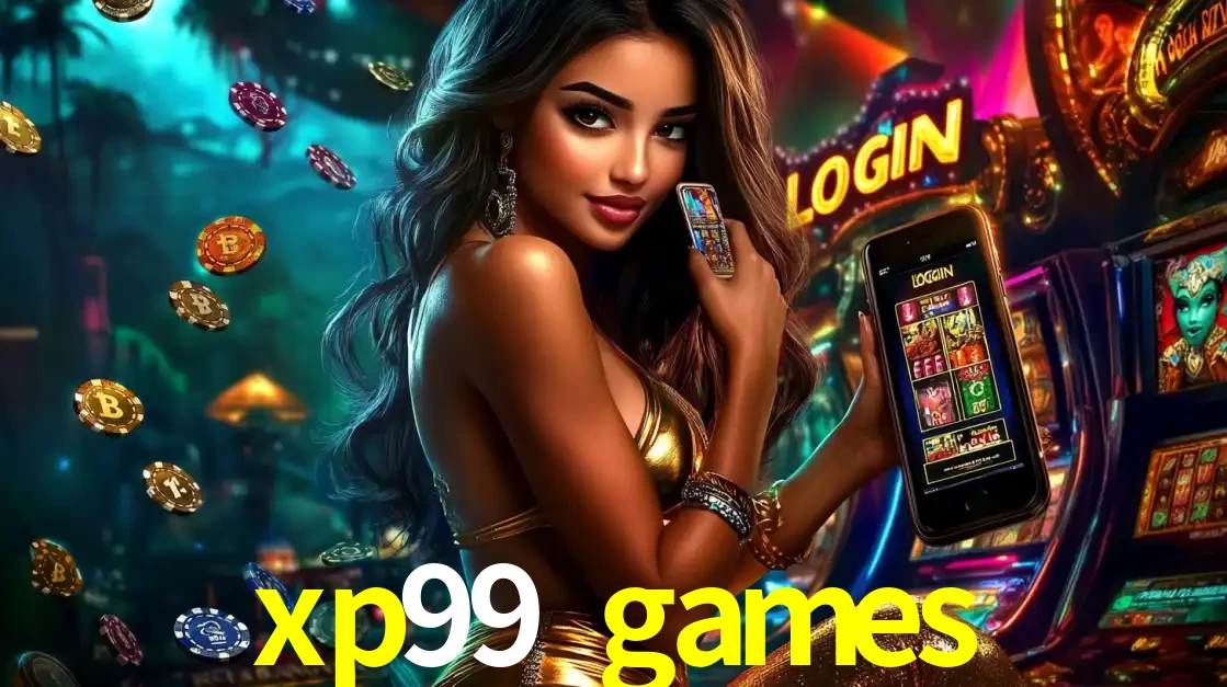 Mulher em um cenário de cassino temático de aventura, mostrando o app de caça-níqueis da xp99 games no celular. Fichas de apostas flutuam ao redor.