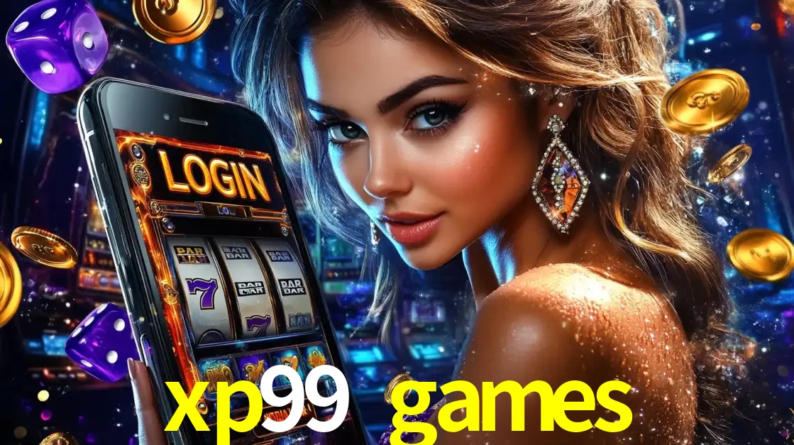 Mulher glamorosa segurando um smartphone com a tela de login para os jogos de caça-níqueis do cassino online xp99 games, com moedas de ouro e dados ao redor.