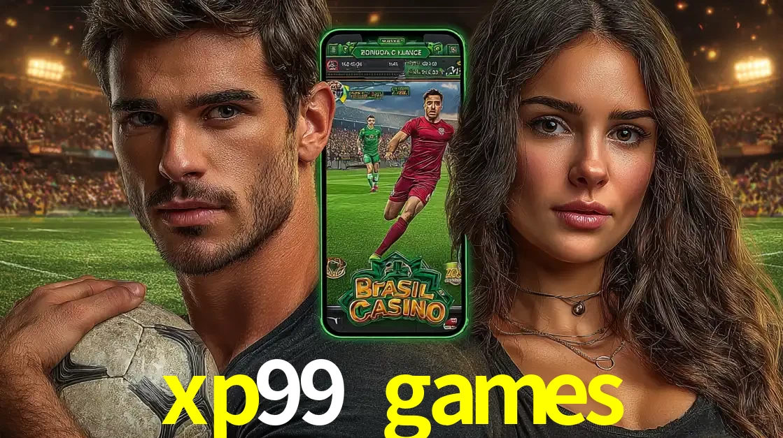 Homem segurando uma bola de futebol e uma mulher ao lado de um smartphone exibindo o jogo de apostas esportivas da xp99 games. Faça seu palpite no cassino online.